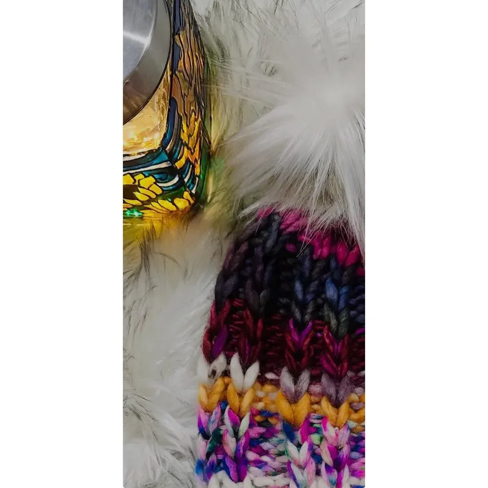 Handmade Neon Merino Wool Beanie: Colorful Winter Hat with Faux Fur Pom